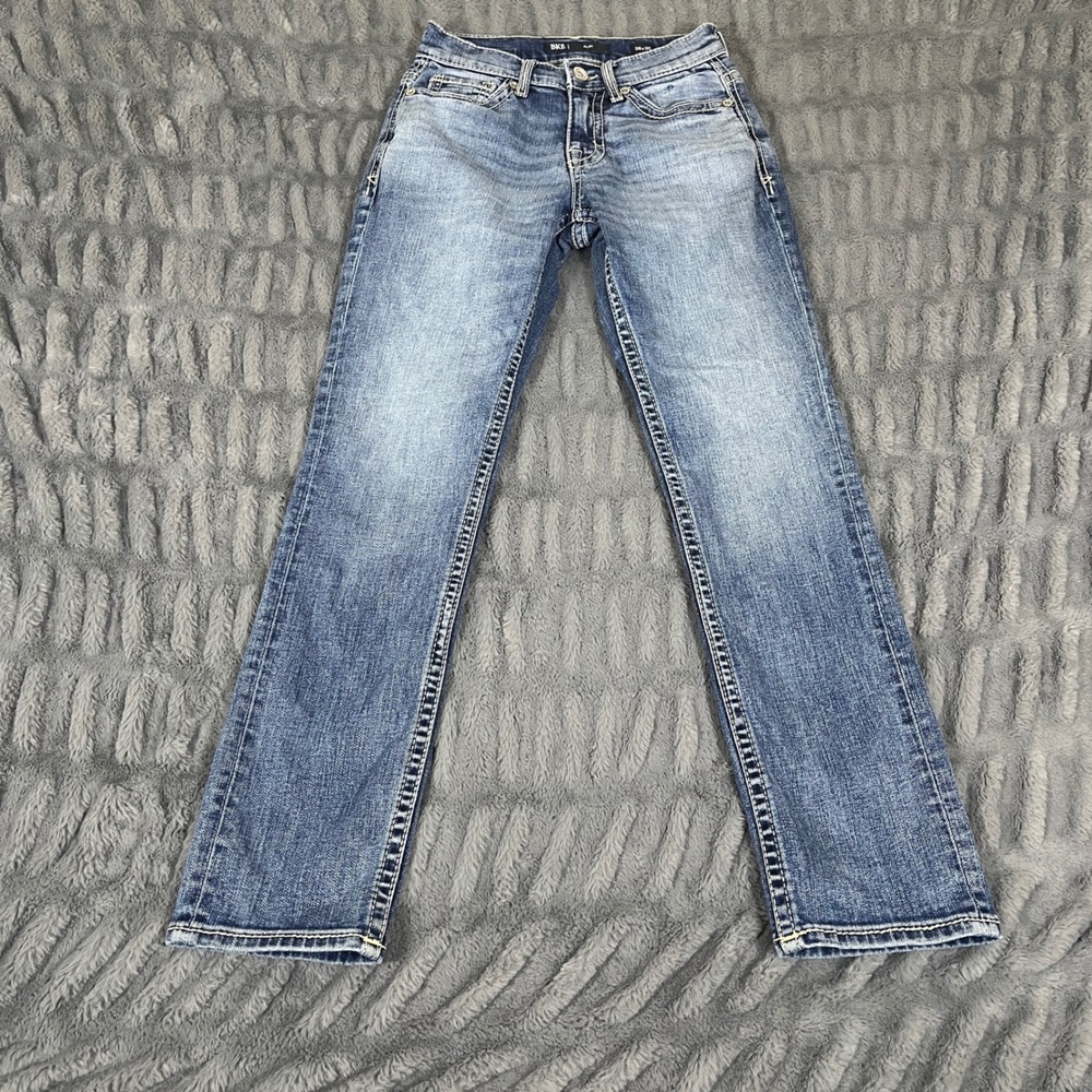 BKE Alec Mens Slim Straight Jeans 26x30 Medium Wash Embroidered Pockets Stretch